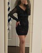 Glitter Black Bodycon Long Sleeve Ruched Mini Dress