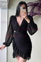 Elegant Black Chiffon Bodycon Long Sleeve Ruffle Mini Dress