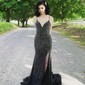 Black Mermaid V-neck Jersey Beaded Prom Dresses