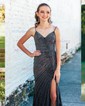 Black Mermaid V-neck Jersey Beaded Prom Dresses