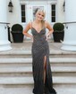 Black Mermaid V-neck Jersey Beaded Prom Dresses