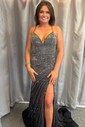 Black Mermaid V-neck Jersey Beaded Prom Dresses