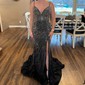 Black Mermaid V-neck Jersey Beaded Prom Dresses