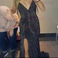 Black Mermaid V-neck Jersey Beaded Prom Dresses