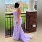 Mermaid Square Neck Lace Tulle Prom Dresses With Appliques