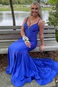 Mermaid V-neck Jersey Cut Out Beaded Prom Dresses