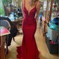 Mermaid V-neck Jersey Cut Out Beaded Prom Dresses