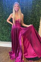 Sparkly A-line Cowl Neck Metallic Prom Dresses With Ruched