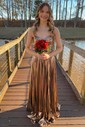 Sparkly A-line Cowl Neck Metallic Prom Dresses With Ruched
