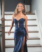 Mermaid Strapless Satin Cut Out Prom Dresses With Appliques
