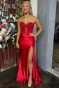 Mermaid Strapless Satin Cut Out Prom Dresses With Appliques