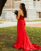 Mermaid Strapless Satin Cut Out Prom Dresses With Appliques