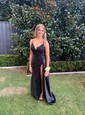 Sheath/Column V-neck Satin Prom Dresses With Appliques
