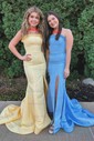 Blue Mermaid Strapless Satin Prom Dresses With Ruffle