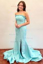 Blue Mermaid Strapless Satin Prom Dresses With Ruffle