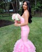 Mermaid Strapless Satin Tulle Ruffle Tiered Prom Dresse