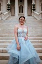 Princess Square Neck Tulle Ruffle Prom Dresses With Appliques