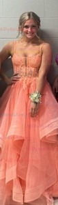 Princess Square Neck Tulle Ruffle Prom Dresses With Appliques