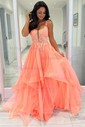 Princess Square Neck Tulle Ruffle Prom Dresses With Appliques