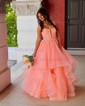 Princess Square Neck Tulle Ruffle Prom Dresses With Appliques