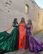 Sheath/Column Strapless Satin Beaded Prom Dresses With Ruffle