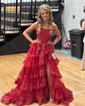 Ball Gown Strapless Tulle Ruffle Tiered Prom Dresses With Appliques