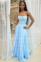 A-line Strapless Chiffon Corset Prom Dresses With Appliques