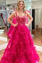 A-line Sweetheart Tulle Ruffle Corset Prom Dresses With Beading