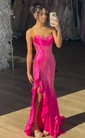 Sheath/Column Strapless Satin Corset Beaded Prom Dresses