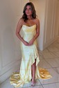 Sheath/Column Strapless Satin Corset Beaded Prom Dresses