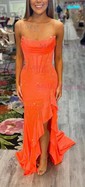 Sheath/Column Strapless Satin Corset Beaded Prom Dresses