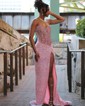 Sheath/Column V-neck Sparkly Sequin Prom Dresses With Beading