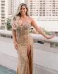 Sheath/Column V-neck Sparkly Sequin Prom Dresses With Beading
