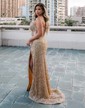 Sheath/Column V-neck Sparkly Sequin Prom Dresses With Beading