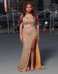Sheath/Column V-neck Sparkly Sequin Prom Dresses With Beading