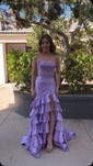 Mermaid Strapless Satin Tiered Prom Dresses With Appliques