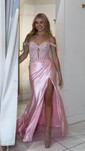 Sheath/Column Off-the-shoulder Satin Corset Prom Dresses With Appliques
