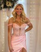 Sheath/Column Off-the-shoulder Satin Corset Prom Dresses With Appliques