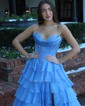 Ball Gown Strapless Satin Chiffon Tiered Prom Dresses With Appliques