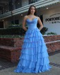 Ball Gown Strapless Satin Chiffon Tiered Prom Dresses With Appliques