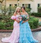 Ball Gown Strapless Satin Chiffon Tiered Prom Dresses With Appliques