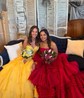 Ball Gown Strapless Satin Chiffon Tiered Prom Dresses With Appliques