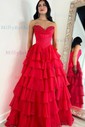 Ball Gown Strapless Satin Chiffon Tiered Prom Dresses With Appliques