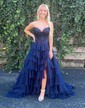 Ball Gown Strapless Satin Chiffon Tiered Prom Dresses With Appliques
