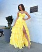 Ball Gown Strapless Satin Chiffon Tiered Prom Dresses With Appliques