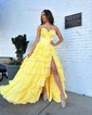 Ball Gown Strapless Satin Chiffon Tiered Prom Dresses With Appliques