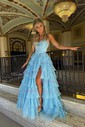 Ball Gown Strapless Satin Chiffon Tiered Prom Dresses With Appliques