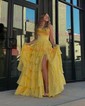 Ball Gown Strapless Satin Chiffon Tiered Prom Dresses With Appliques