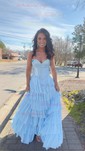 Ball Gown Strapless Satin Chiffon Tiered Prom Dresses With Appliques
