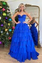 Ball Gown Strapless Satin Chiffon Tiered Prom Dresses With Appliques